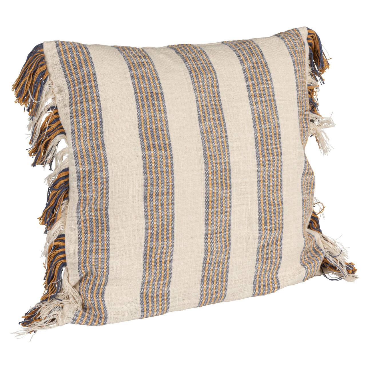 Hello Honey® Blue & Yellow Stripes on Cream Cotton Throw Pillow with Fringe
